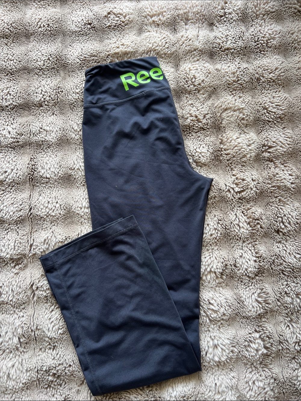 Reebok Girls Black Leggings with Neon Green Waist Logo